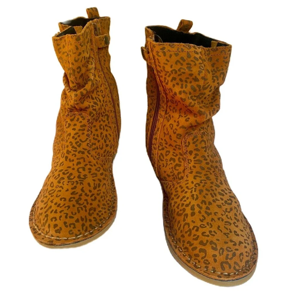 Naturino Italian Big Kids LEOPARD Leather Boots Ankle Garnet Slouch SZ 34 /2.5-3